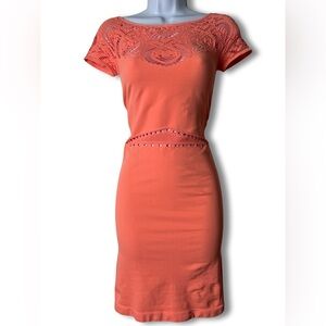 Bebe Womens Vintage Crochet Eyelet Bodycon Mini Dress Coral Orange Y2K Sz. P/S